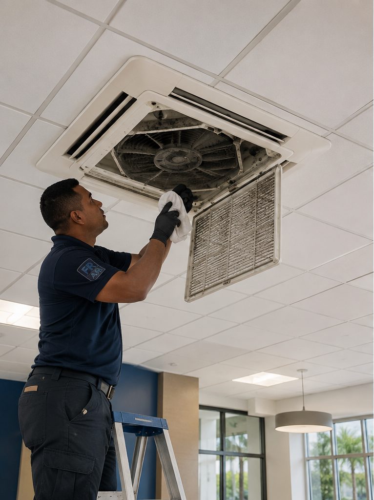 Before servicing: a ceiling-cassette air conditioning unit, dirty and clogged (illustration).