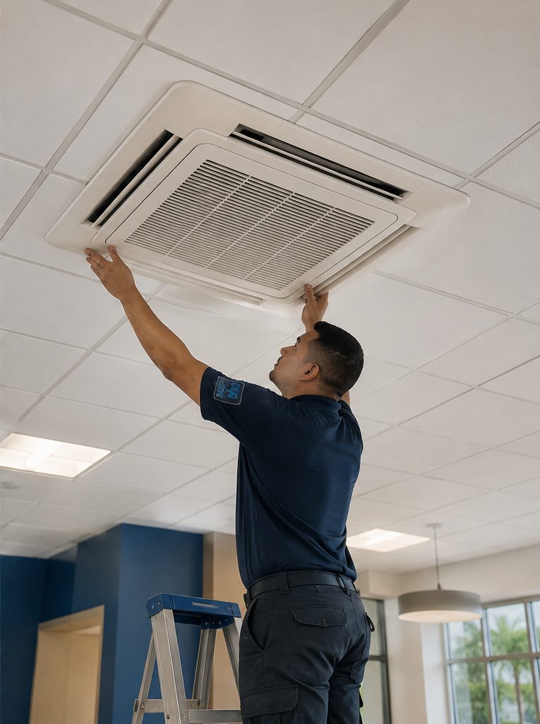 After servicing: a ceiling-cassette air conditioning unit, clean and in good condition (illustration).