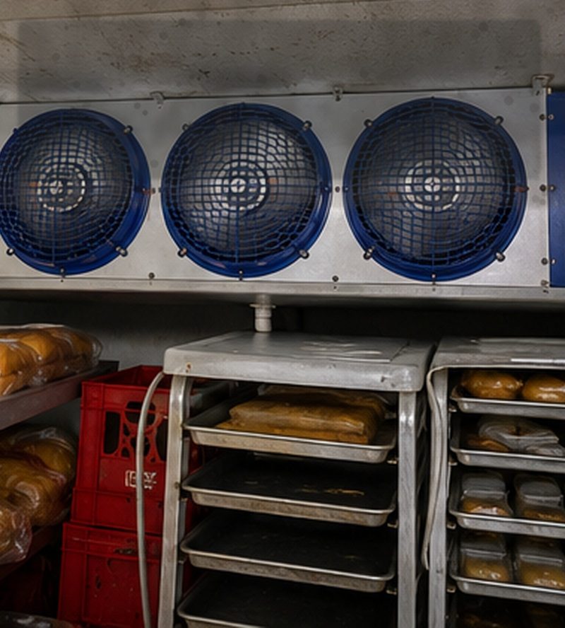 Before servicing: a commercial refrigeration evaporator, dirty and clogged (illustration).