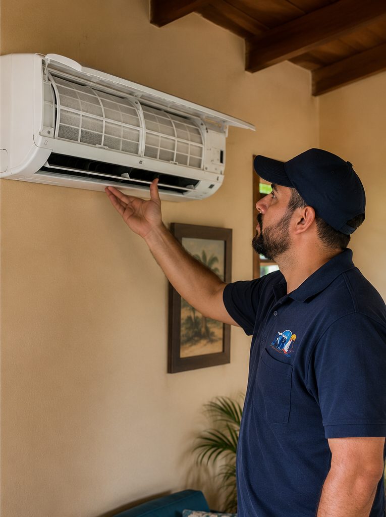 After servicing: a wall-mounted mini-split in a living room, clean and in good condition (illustration).