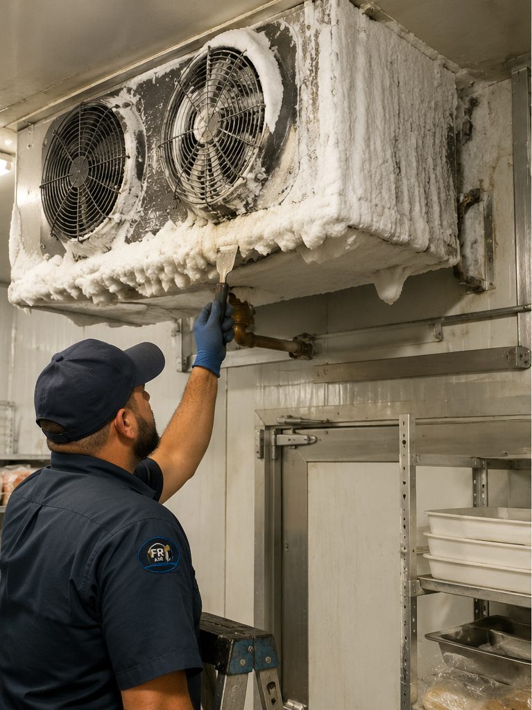 Before servicing: the evaporator inside a commercial walk-in cooler, dirty and clogged (illustration).