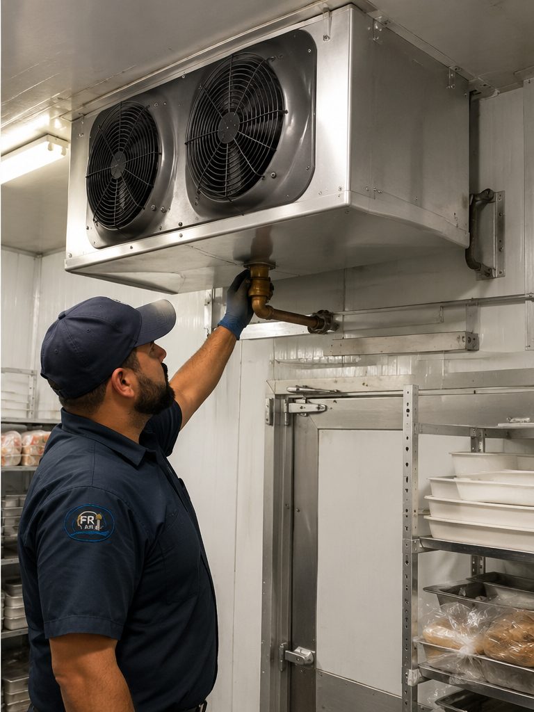 After servicing: the evaporator inside a commercial walk-in cooler, clean and in good condition (illustration).
