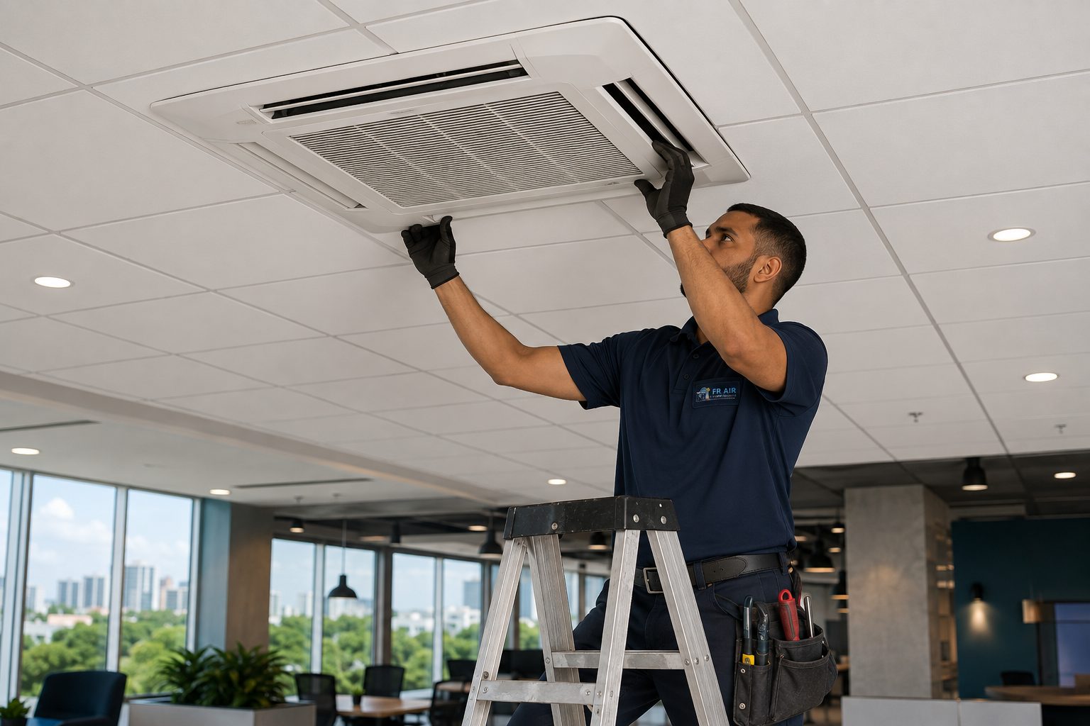 FR Air technician servicing a ceiling cassette unit
