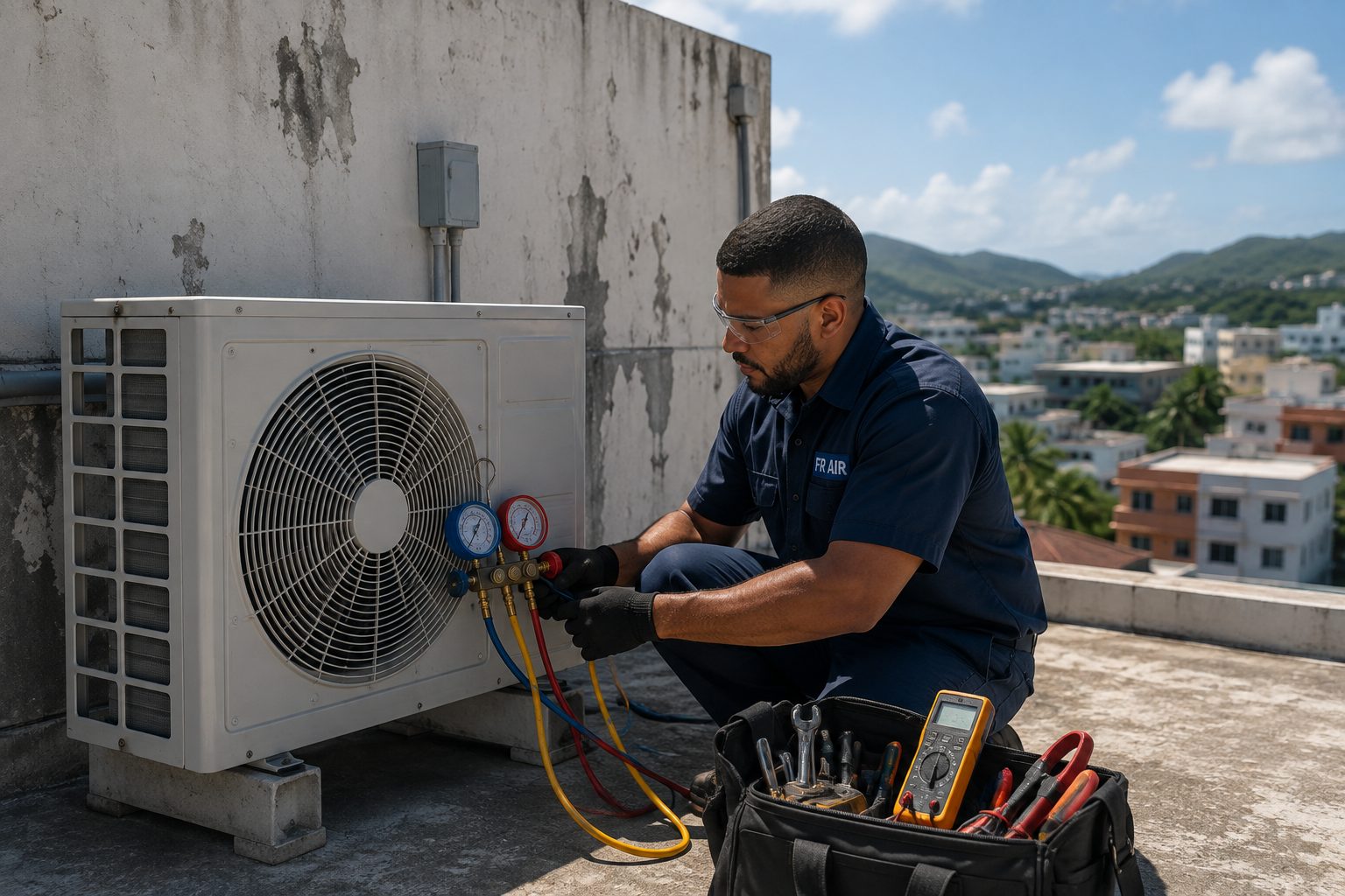 FR Air technician checking refrigerant pressures on a condenser