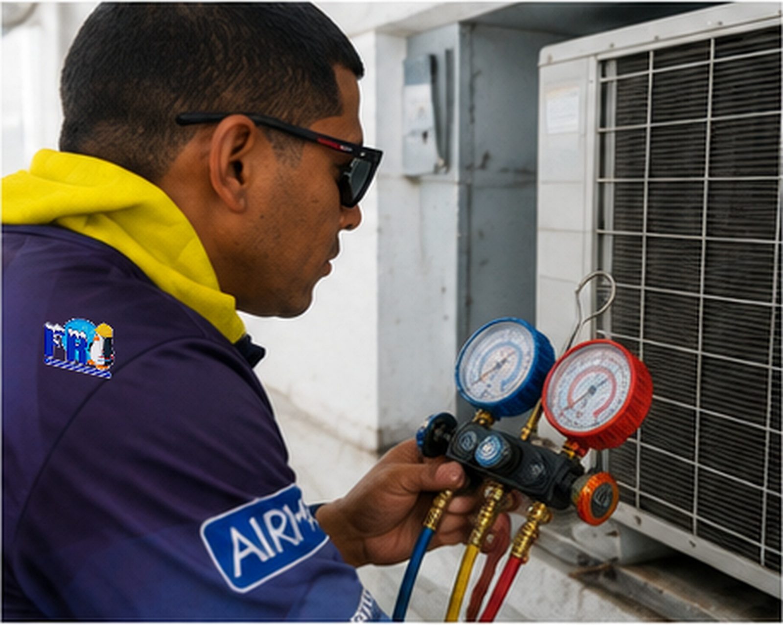 Illustration of a technician checking refrigerant pressures on a condenser