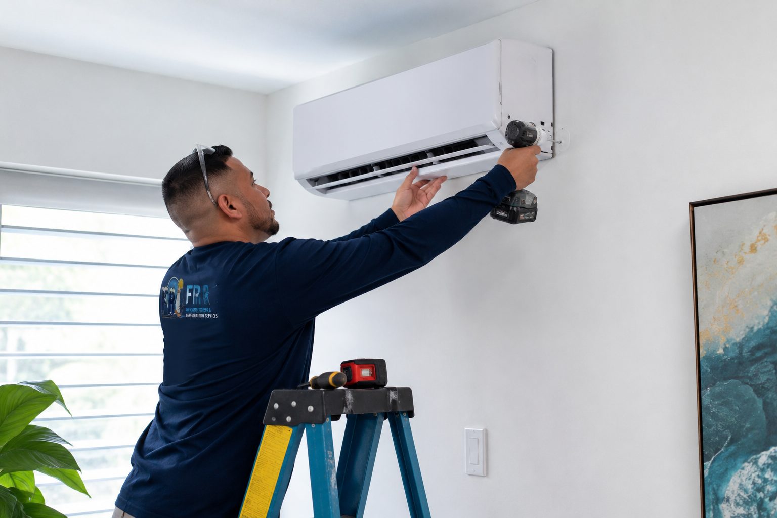 FR Air technician installing a wall-mounted mini-split