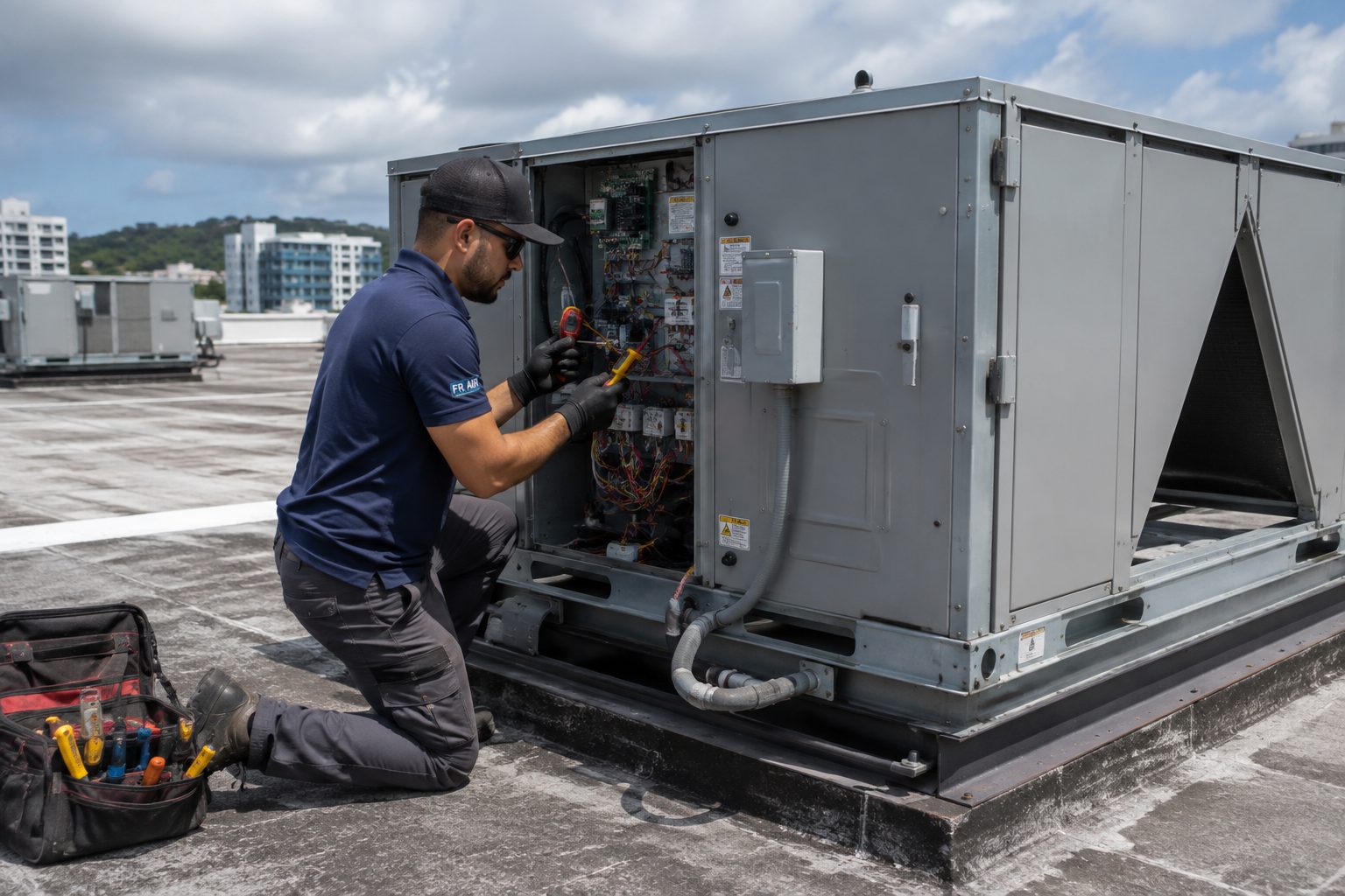 FR Air technician diagnosing the electrical panel of a rooftop commercial unit