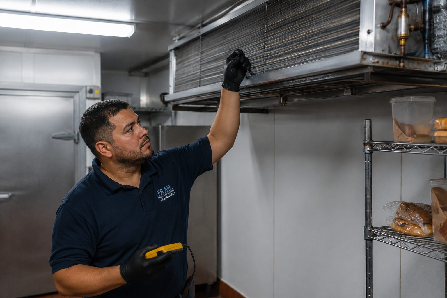 FR Air technician inspecting a walk-in cooler evaporator